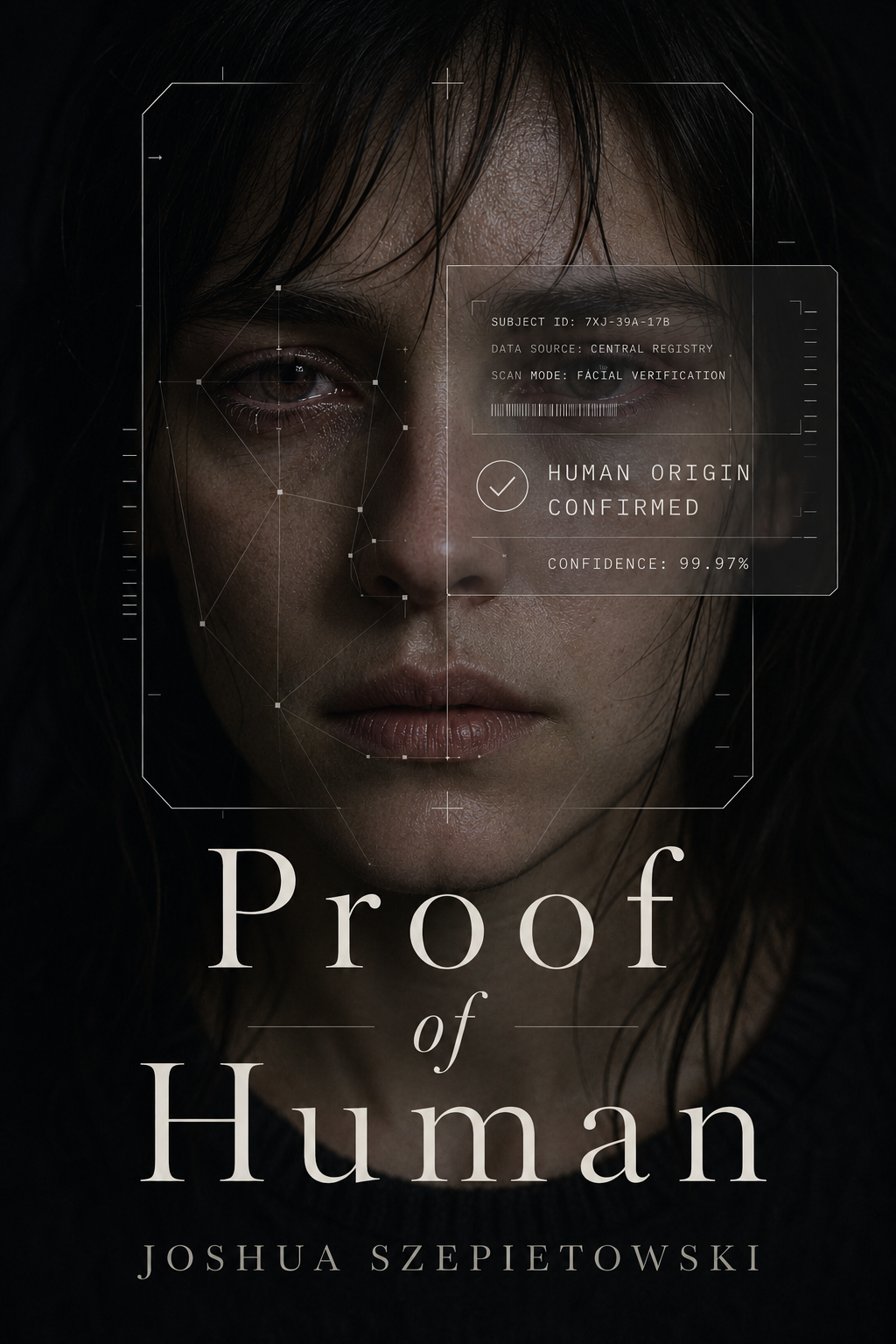 Proof of Human book cover showing a human face under digital verification overlays.